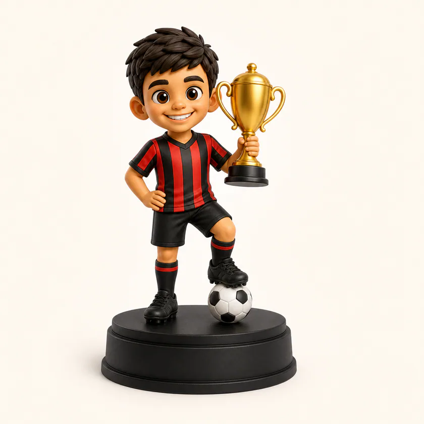 Mini futbolista personalizado sosteniendo un trofeo
