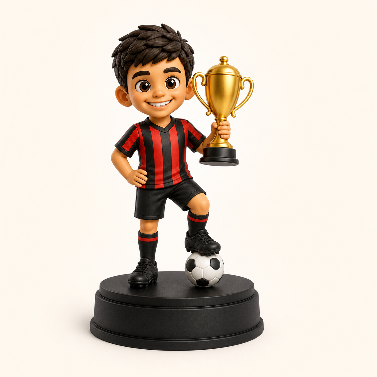 Mini futbolista personalizado sosteniendo un trofeo
